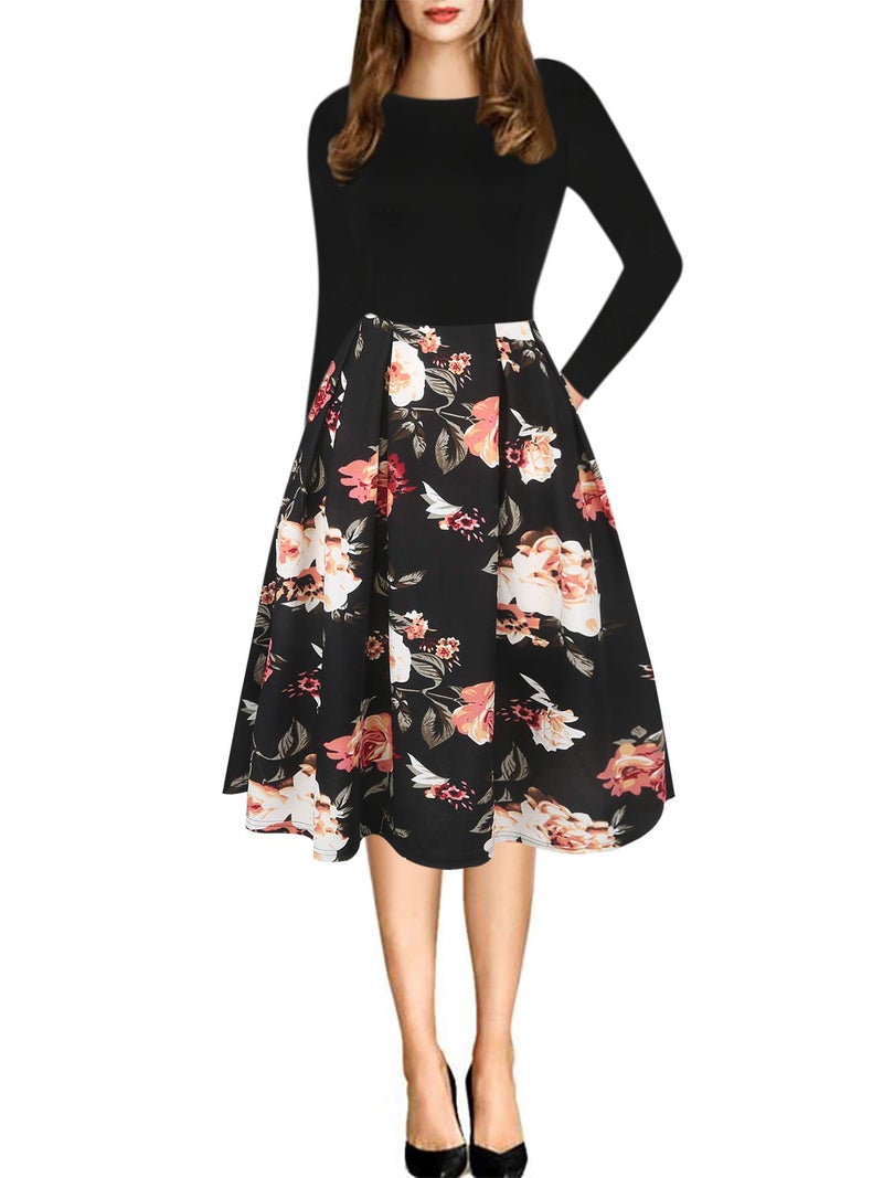 oxiuly Women's Vintage Patchwork Pockets Puffy Swing Casual Party Dress OX165 (Black-MDF9, m) - Image 1